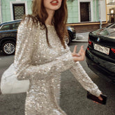 Fashionable Sequ Hip Dress Nightclub Party Long Sleeve Mini Dress for